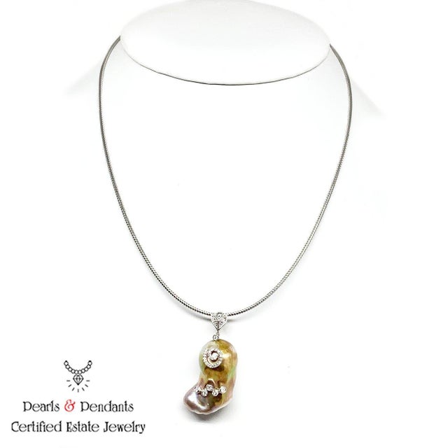 Diamond Freshwater Pearl Necklace Baroque 14k Gold Italy Certified For Sale - Image 4 of 7