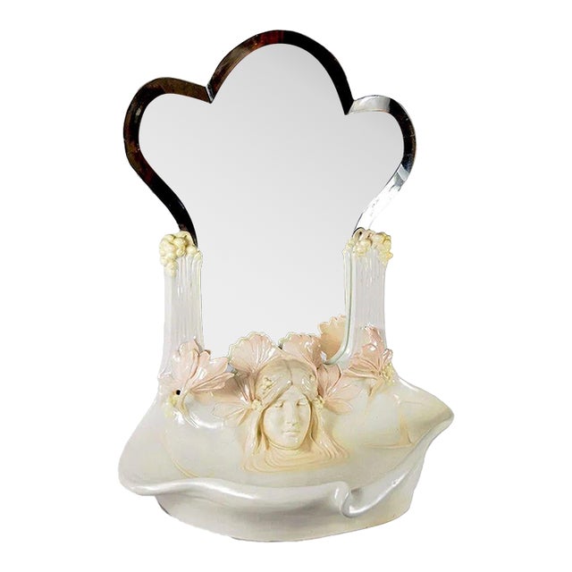 19th Century French Art Nouveau Majolica Mirror and Basin With Female Bust. For Sale