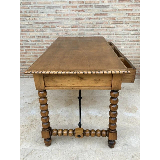 Brown 19th-Century French Hand Carved Oak Desk with Iron Stretcher & Solomonic Legs For Sale - Image 8 of 18