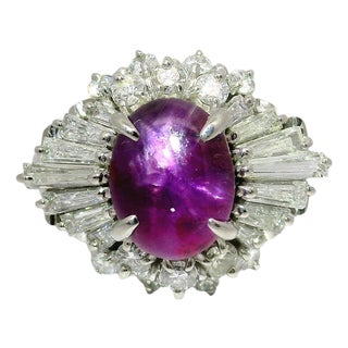 3.93 Carat Purple Star Sapphire Diamond Platinum Burst Ring, Size 8.5 For Sale