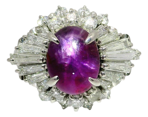 3.93 Carat Purple Star Sapphire Diamond Platinum Burst Ring, Size 8.5