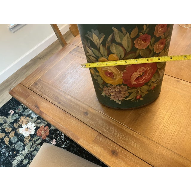 Metal Vintage Hand-Painted Floral Tôleware Oval Wastebasket / Floor Planter For Sale - Image 7 of 7