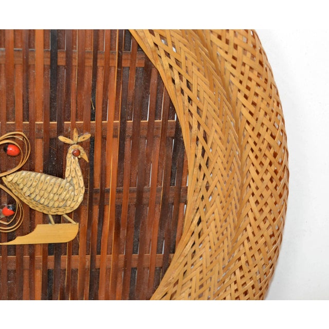 1970s 1970s Nesting Decorative Handcrafted Cane & Rattan Beaded Wall Plates Peacock Motif- Set of 3 For Sale - Image 5 of 13