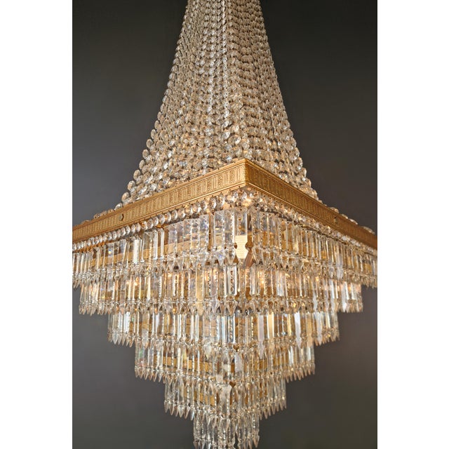Antique Art Deco Crystal Chandeliers Brass Tiered Chandelier Restored - Set of 3 For Sale - Image 4 of 9