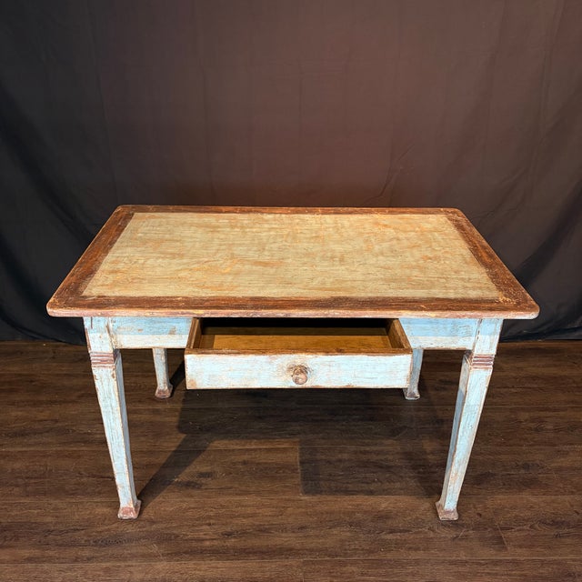 French Provincial Antique French Provincial Painted Pale Blue Table or Desk With Drawer For Sale - Image 3 of 11