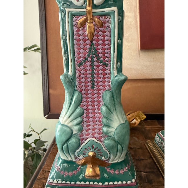 Pair of Vintage Ceramic Table Lamps Cabbage Leaf Motif Pink and Green Hollywood Regency Style For Sale In Chicago - Image 6 of 12