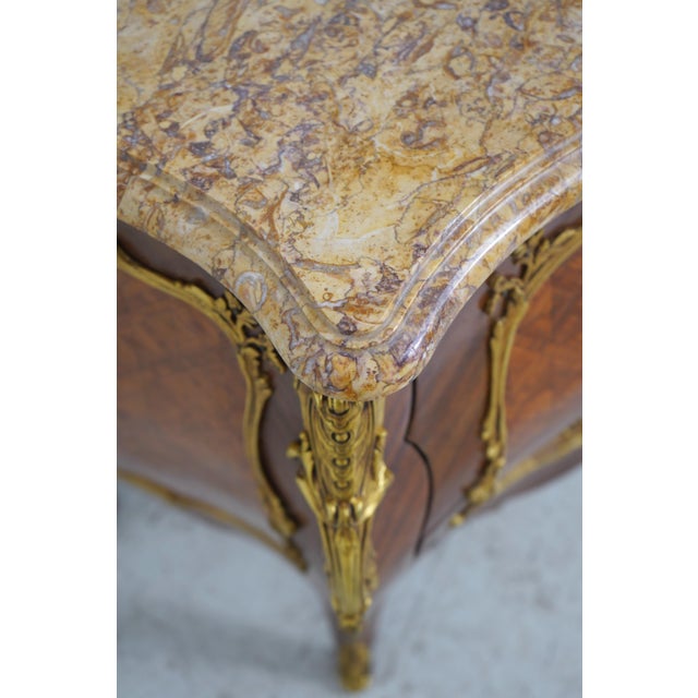 Brown French Louis XV Vintage Marble Top Marquetry Commode For Sale - Image 8 of 17