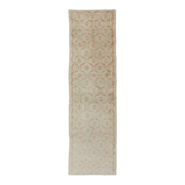 Latticework Vintage Turkish Oushak Runner in Light Cream and Coral 2'10 X 11'3 For Sale
