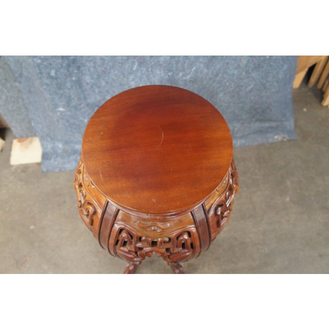 Wood Mid 20th Century Round Chinoiserie Carved Mahogany Plant Stand Sculpture Pedestal For Sale - Image 7 of 11