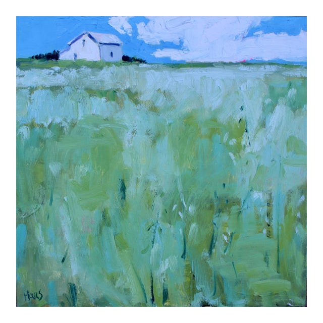 White Barn on the Horizon – Contemporary Landscape Oil For Sale