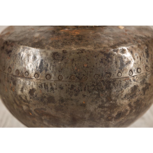 Vintage Indian Hammered Metal Water Vessel with Wooden Stopper For Sale - Image 4 of 13