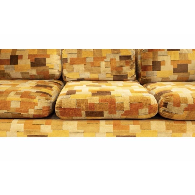 Mid-Century Modern 1970s Attributed to Jack Lenor Larson for Milo Baughman MCM Sofa - Orange Rust Cotton Velvet Patchwork For Sale - Image 3 of 6