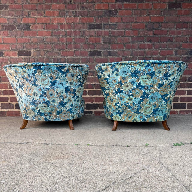 Blue Pair of Late 40s Floral Slipper Chairs in the Style of Gilbert Rhode For Sale - Image 8 of 9