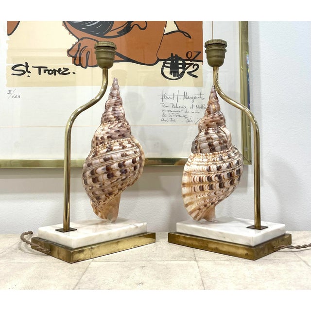 Vintage French Conch Shell Brass Marble Table Lamps - a Pair For Sale In Miami - Image 6 of 12