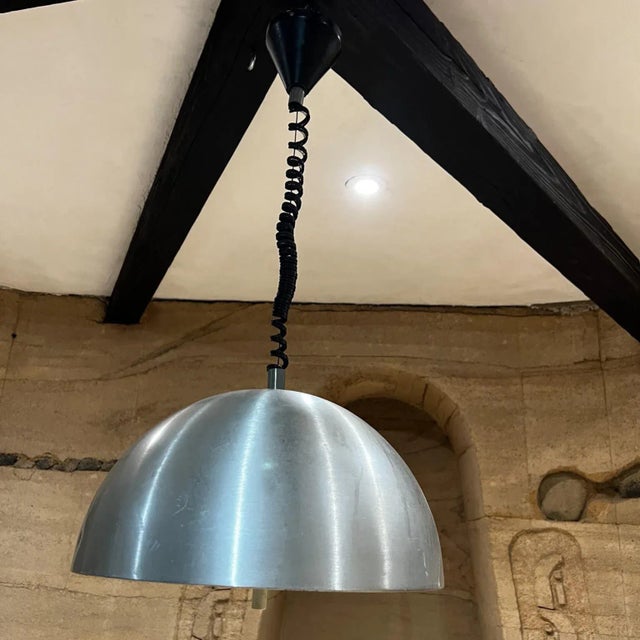 For your consideration, 1960s Stilnovo (attributed) silver demilune aluminum pendant lamp originating from Milan, Italy....