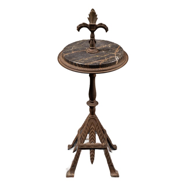 1920s Art Deco Cast Iron & Potoro Marble Smoking Stand With Fleur-De-Lis Finial For Sale