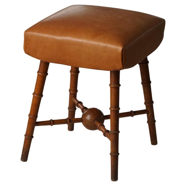 Vintage Danish Turned Wood Stool with Leather Seat, 1930s For Sale - Image 13 of 13