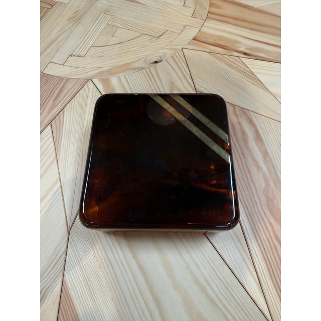 Modern Vintage Tortoiseshell Lucite Trinket Box With Brass Stripe Accent, 1970s Modernist Design For Sale - Image 3 of 6