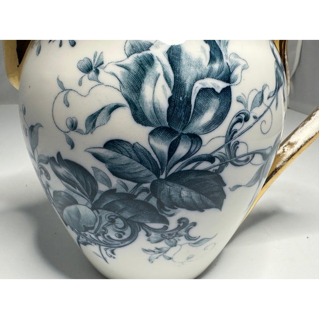 Early 20th Century Antique Blue Floral Transferware Pitcher - Gold Gilt Accents c. 1904 For Sale - Image 5 of 10