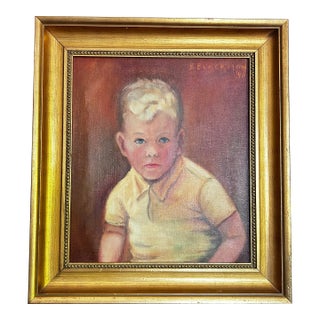 Vintage 1940 Original Oil Painting Portrait of Boy Signed R. Blackmon, Original Gilt Frame Child Portrait For Sale