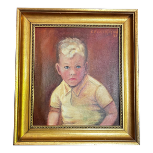 Vintage 1940 Original Oil Painting Portrait of Boy Signed R. Blackmon, Original Gilt Frame Child Portrait