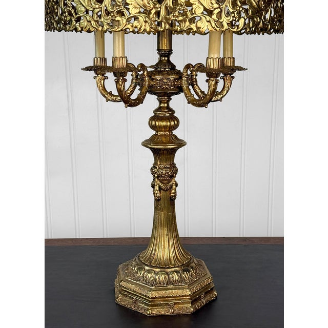 Vintage 40" Hollywood Regency Gold Slag Glass Jeweled Crown Table Lamp For Sale - Image 10 of 13