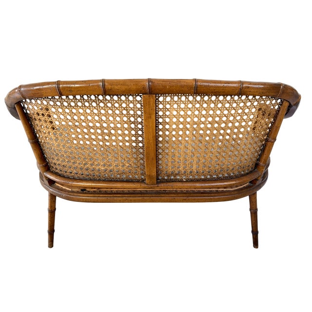 Chinoiserie Faux Bamboo & Caned Barrel Back Settee Loveseat For Sale - Image 9 of 12