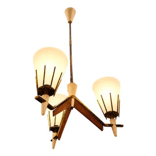Mid-Century Scandinavian Chandelier in Wood, Brass and Opaline Glass, 1950s For Sale