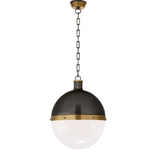 Thomas O'Brien for Visual Comfort Signature Hicks Extra Large Pendant in Bronze & Hand-Rubbed Antique Brass with White Glass For Sale
