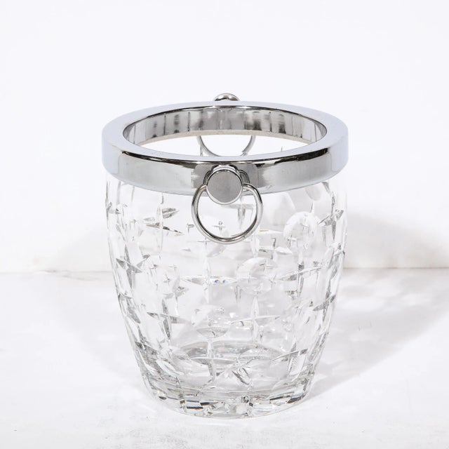 Metal Mid-Century Modernist Cut Crystal Ice Bucket With Chrome Fittings & Loop Handles For Sale - Image 7 of 12