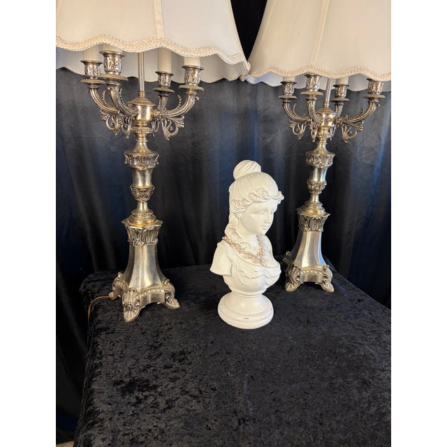French 19th‑Century Louis XVI Style Four‑Arm Silver Candelabra Lamps — A Pair For Sale In Phoenix - Image 6 of 12