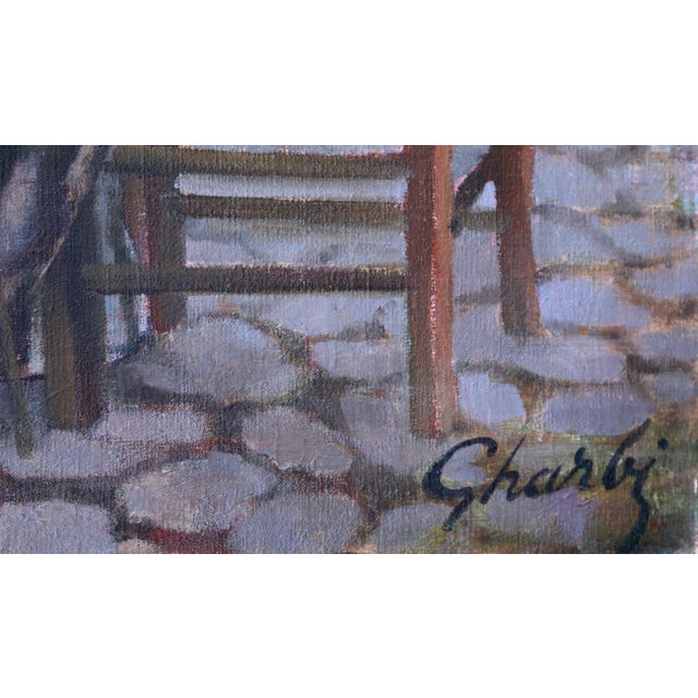 Folk Art Men Talking at a table, Jalal Gharbi Oil on Canvas Painting For Sale - Image 3 of 5