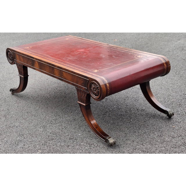 Wood 1940s Weiman Regency Flame Mahogany and Tooled Leather Top Scroll Shaped Coffee Table For Sale - Image 7 of 15