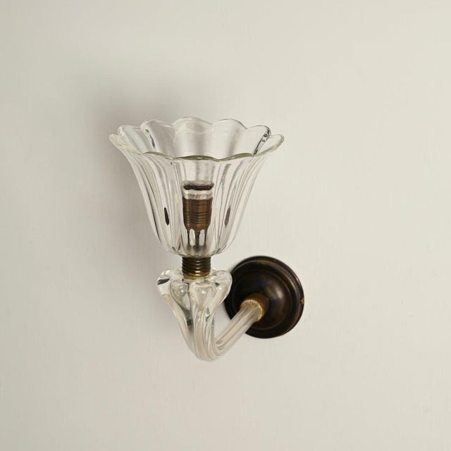 Gold Large Murano Glass and Bronzed Brass Flower Sconces from Barovier, Italy, 1940s, Set of 2 For Sale - Image 8 of 13
