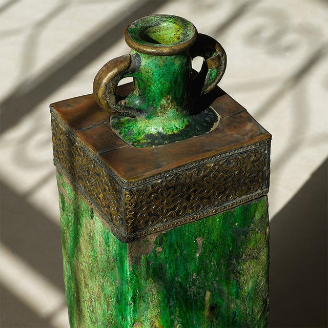 Moroccan Tamegroute Green Glazed Vase With Brass Detailing – Handmade Ceramic, One of a Kind For Sale - Image 4 of 5