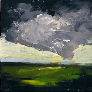 Descent by Nicole Hyde | Oil Painting of dark clouds over a green landscape For Sale