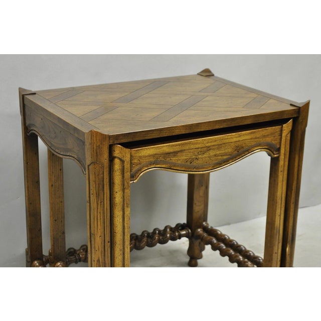 Vintage Baker Barley Twist Oak Parquetry Inlay Nesting Step Lamp Side Tables For Sale - Image 11 of 15