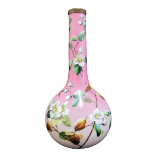 Victorian Harrach Enameled Flower Opaline Pink Cased Glass 17" Bohemian Vase For Sale