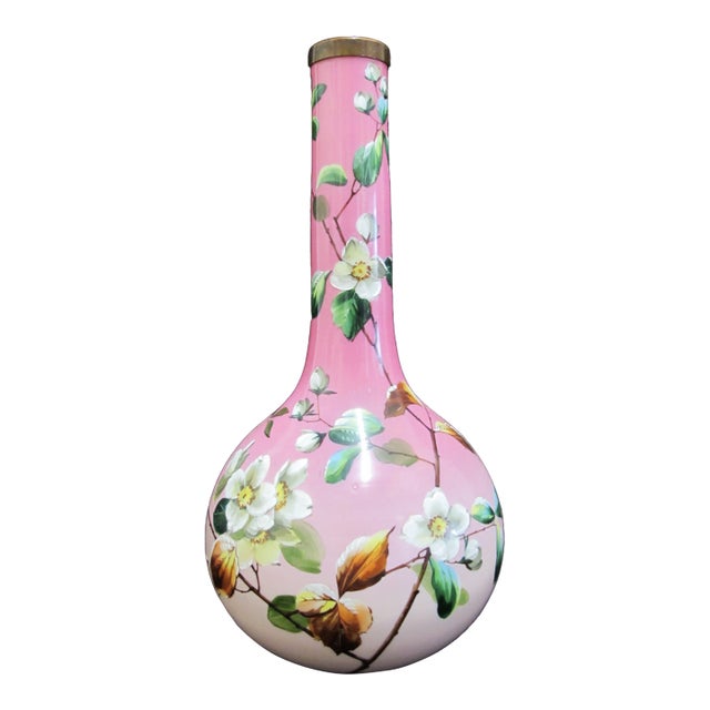 Victorian Harrach Enameled Flower Opaline Pink Cased Glass 17" Bohemian Vase For Sale