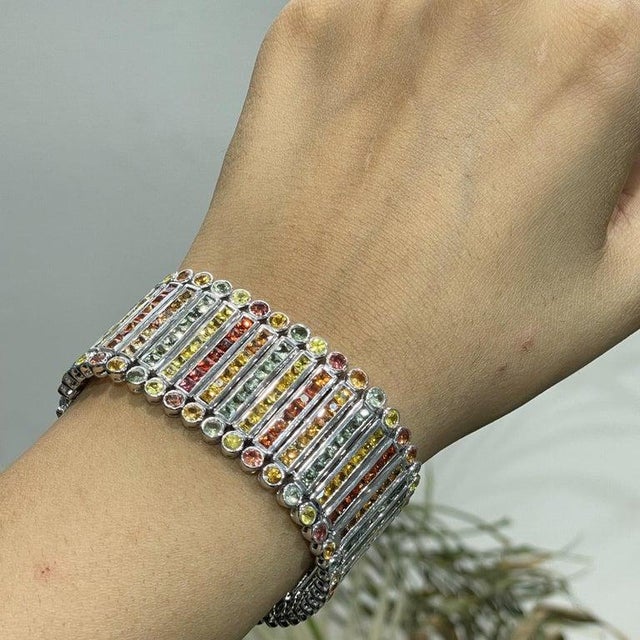 Elegant Multi-Row Multi-Sapphire Bracelet | 48.70 CTW | Sterling Silver For Sale - Image 10 of 16