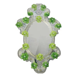 Venetian Oval Green Floral Hand-Carved Mirror by Simoeng For Sale