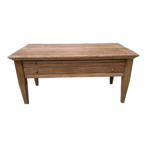 Mid Century Modern Bleached Solid Wood Coffee Table With Pull Out Tray