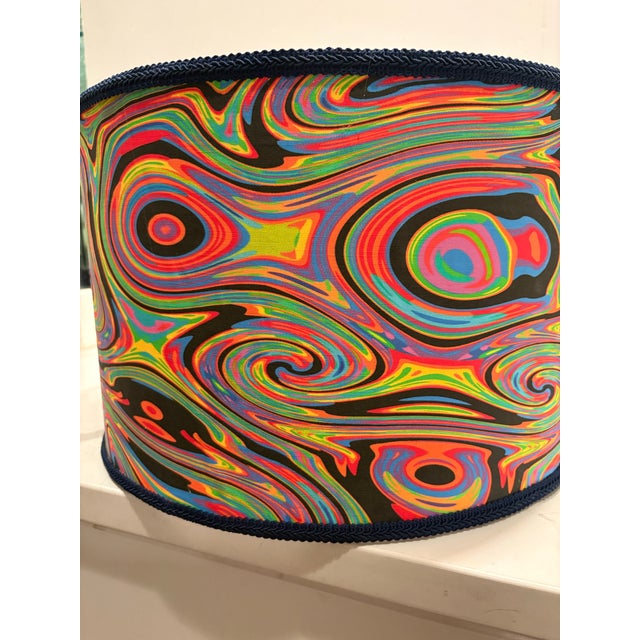 Abstract Retro Psychadelic Style Drum Lamp Shade With Navy Trim For Sale - Image 3 of 10