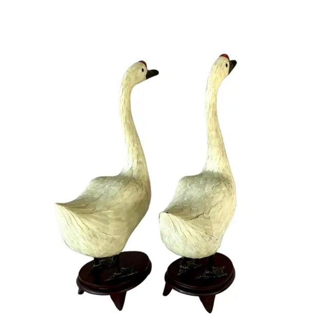 Chinese Chinese Hand-Cut Tessellated Bone Veneered Geese, a Pair For Sale - Image 3 of 16