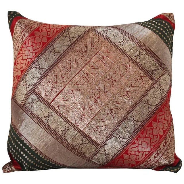 Decorative Vintage Throw Pillow Made From Silk Sari Borders, India For Sale - Image 13 of 13