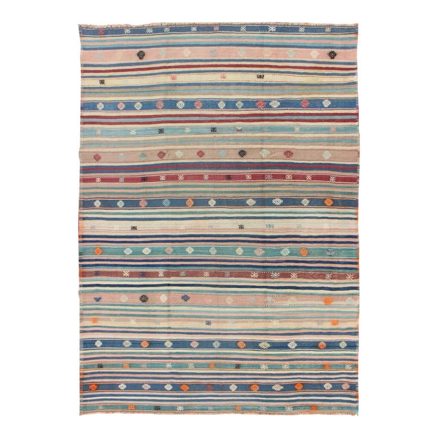Mid 20th Century Colorful Vintage Turkish Kilim Rug With Horizontal Stripes and Tribal Designs For Sale
