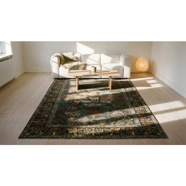 Textile 1920s Fine Green Small Pictorial Garden of Paradise Antique Floral Kerman Rug For Sale - Image 7 of 9
