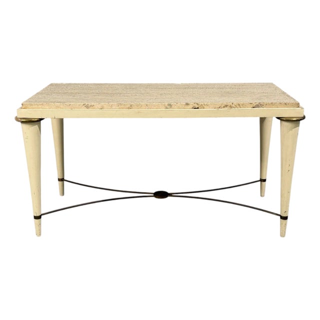 Neoclassical, Coffee Table, Travertine, Wood, Bronze, Usa, 1960s For Sale