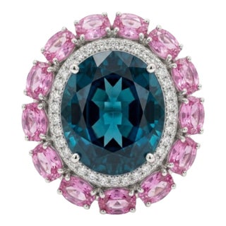 Natural Blue Topaz, Diamond, & Pink Sapphire Ring in 14k Gold For Sale