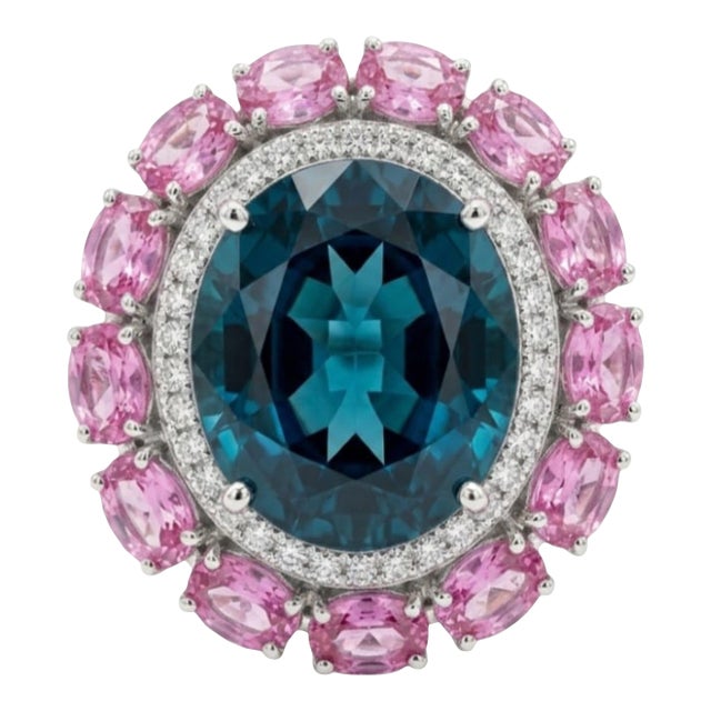 Natural Blue Topaz, Diamond, & Pink Sapphire Ring in 14k Gold For Sale